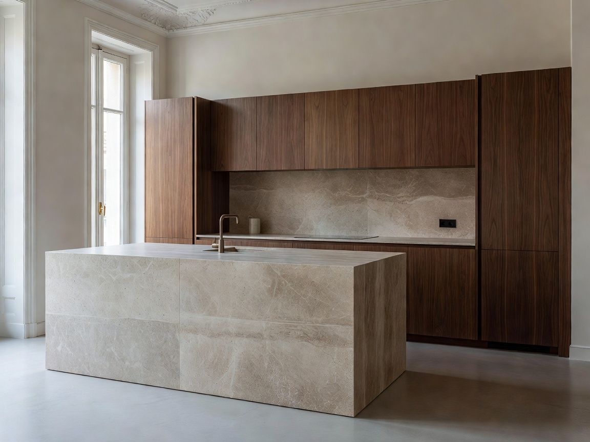 Apartment Saint-Germain minimalist walnut kitchen and travertine island in Paris