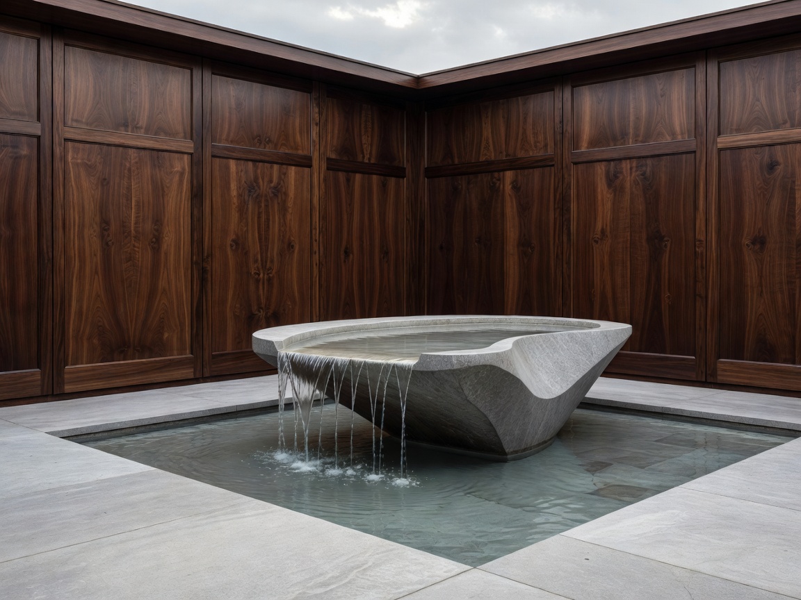 Atelier Pavilion Hotel courtyard featuring dark walnut paneling and sculptural water basin
