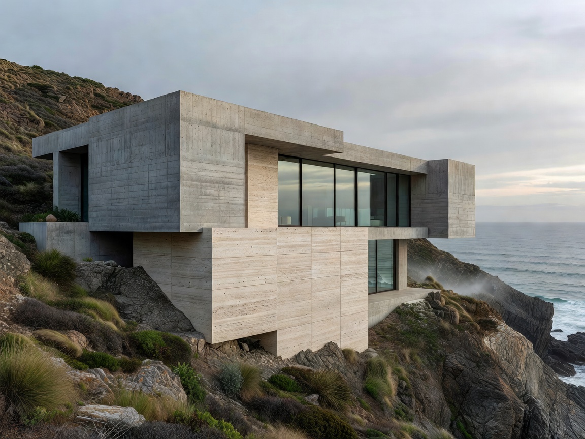 Casa Bruma monolithic concrete and travertine residence set into coastal hillside