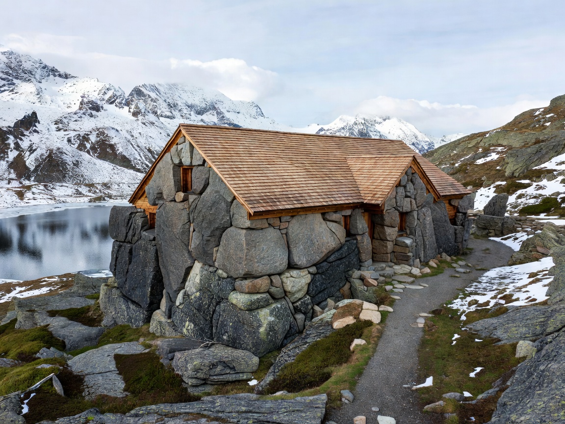 Engadin Alpine Retreat with rough-hewn granite walls and larch roof in Switzerland