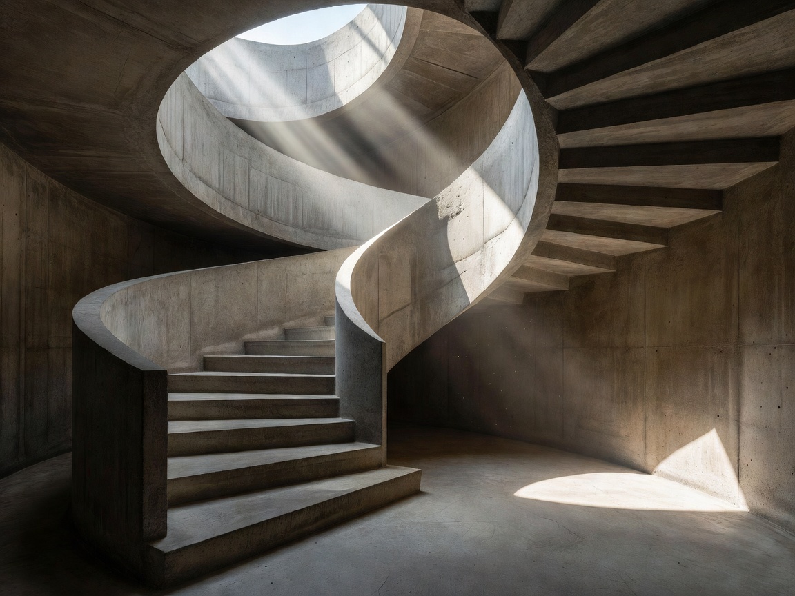 Sculptural concrete stair well catching raking morning daylight