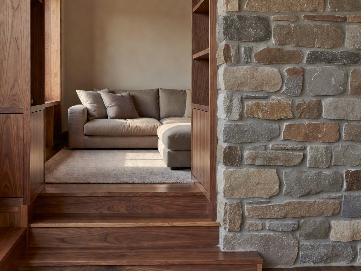 Sunken living space framed by natural walnut millwork and raw stone wall